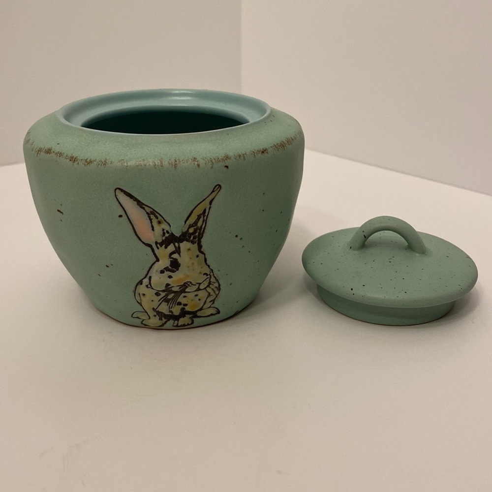 Sugar Bowl Green Speckled Spectrum Designs Bunny Rabbit with Lid